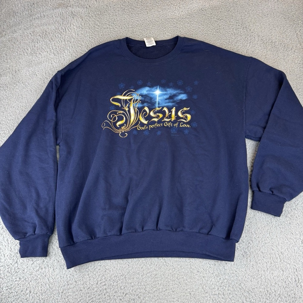 Jesus Religious Blue Crewneck Sweater Men's Size Xl‎ Jerzees Y2k